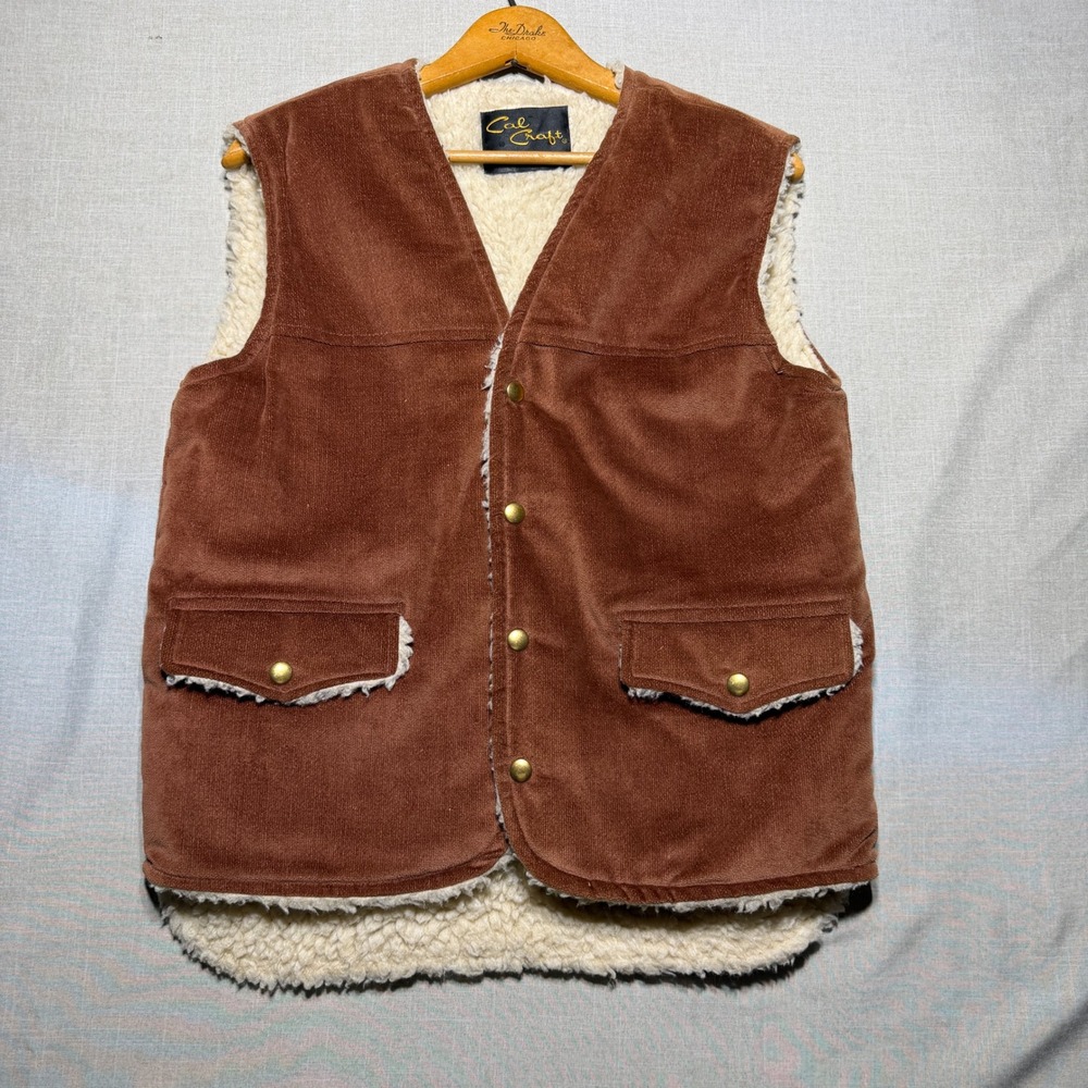 Cal Craft California 70s Vintage Vest Mens S Brown Corduroy Sherpa Snap Western